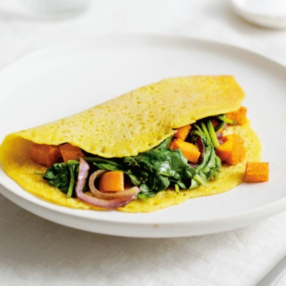 Chickpea Omelet With Curried Sweet Potato and Spinach