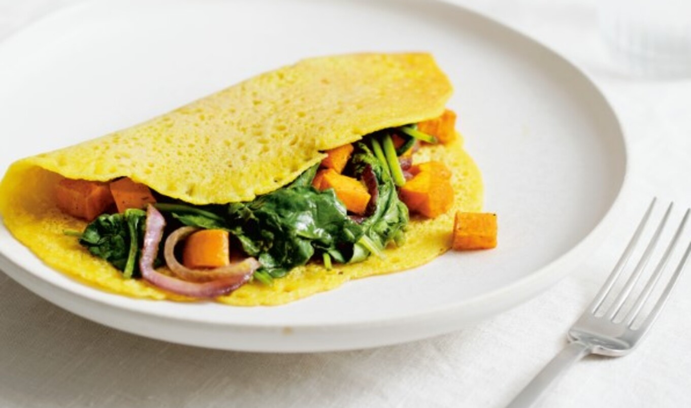 Chickpea Omelet With Curried Sweet Potato and Spinach