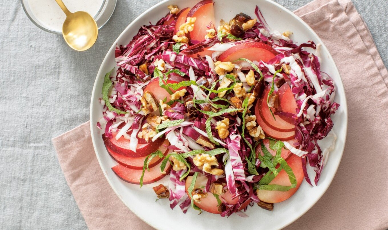 Plum, Radicchio, and Walnut Salad With Tahini Yogurt Dressing