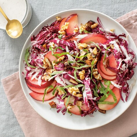 Vegan Plum and Radicchio Salad With Tahini Yogurt Dressing 