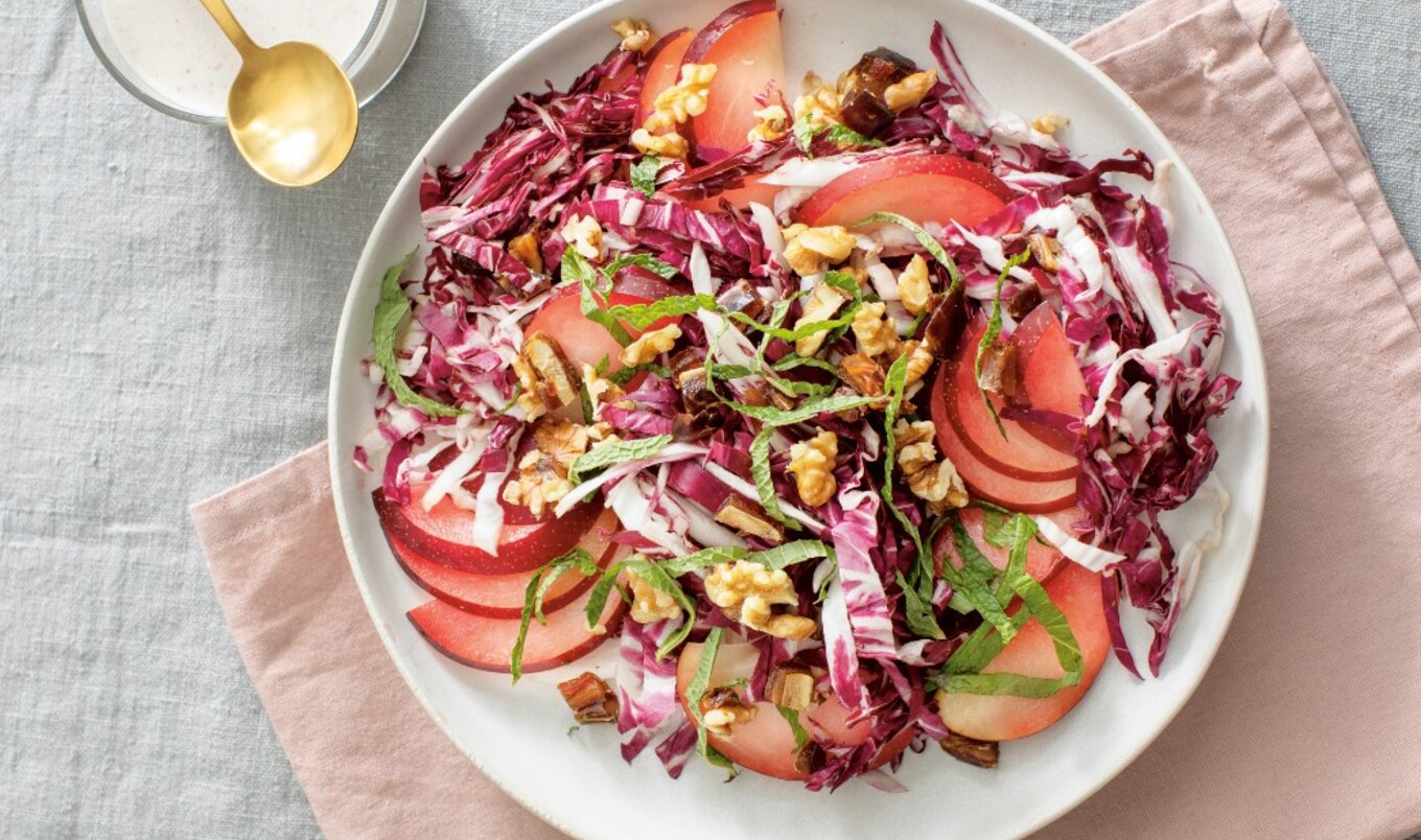 Vegan Plum and Radicchio Salad With Tahini Yogurt Dressing 