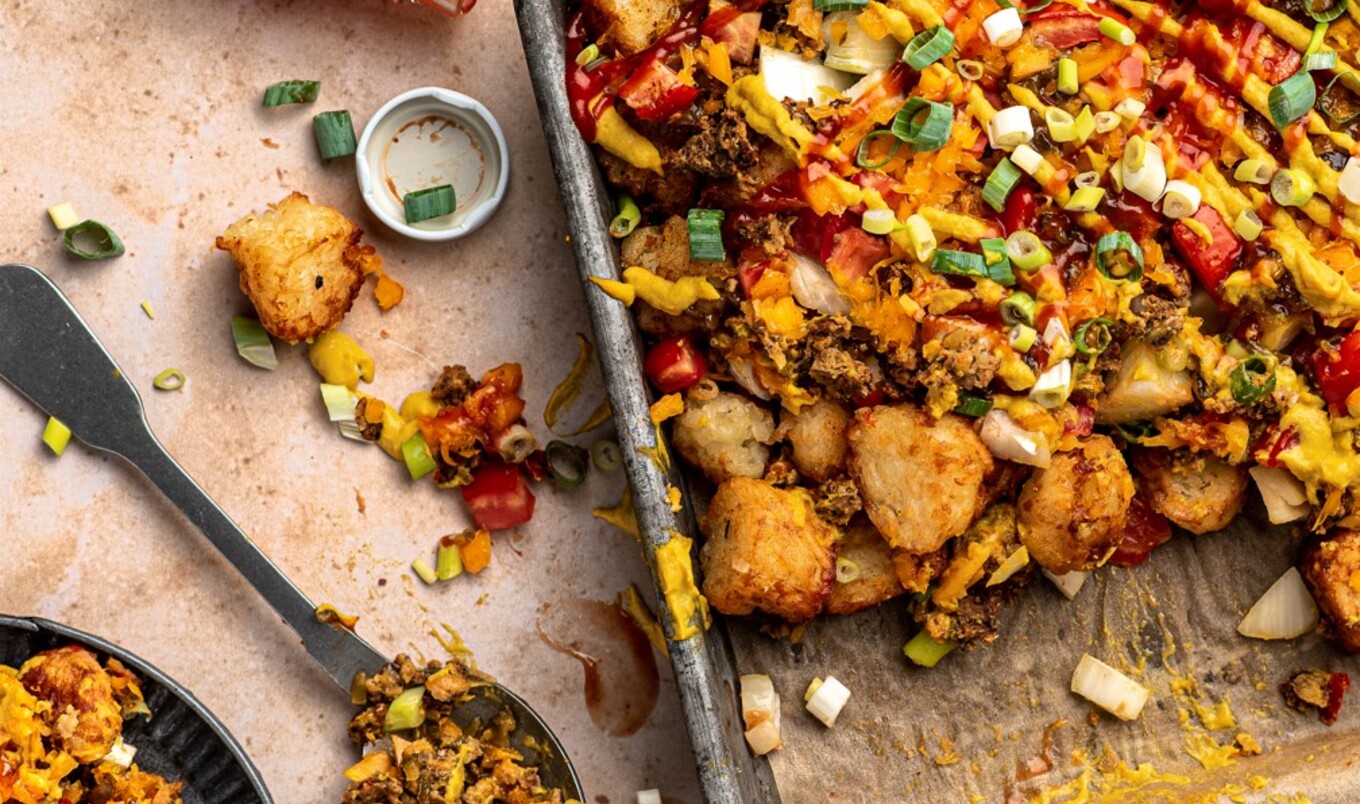 Vegan Cheeseburger Tater Tots With Cashew Cheddar Sauce