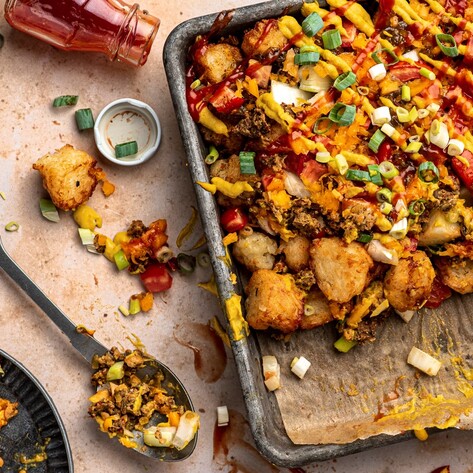 Vegan Cheeseburger Tater Tots With Cashew Cheddar Sauce