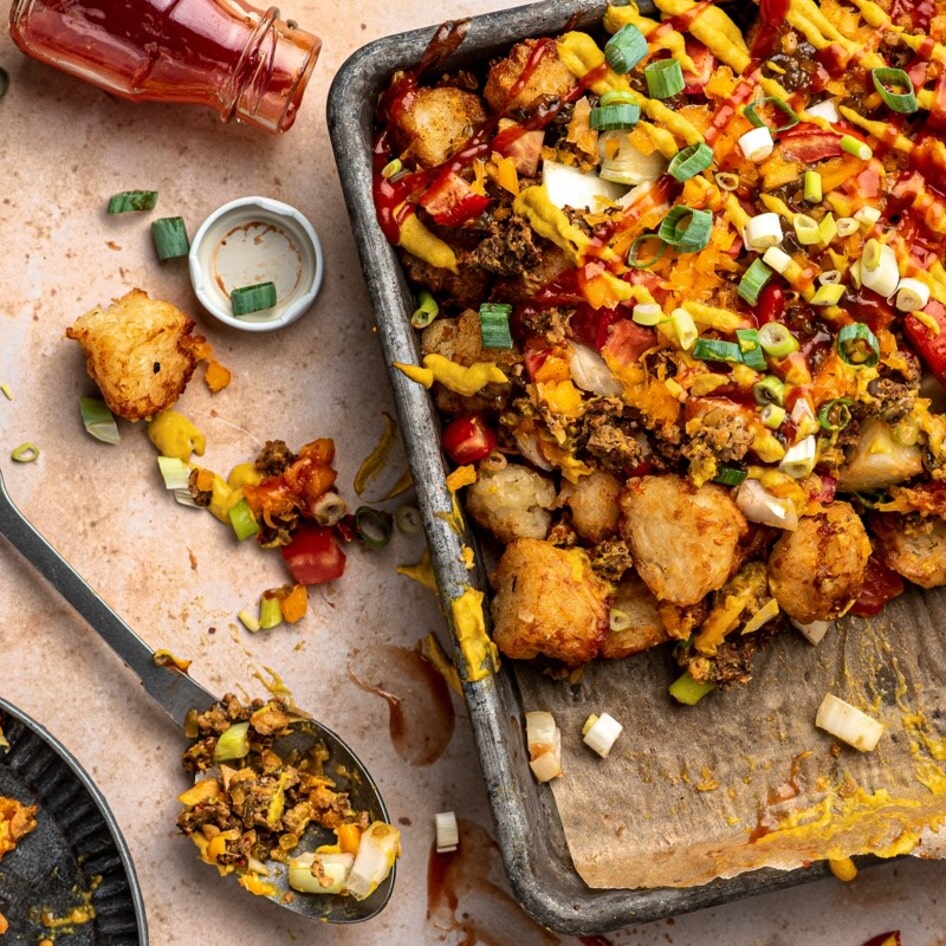 Vegan Cheeseburger Tater Tots With Cashew Cheddar Sauce