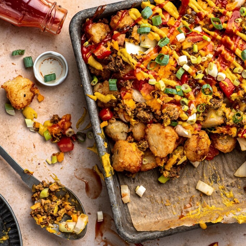 Vegan Cheeseburger Tater Tots With Cashew Cheddar Sauce