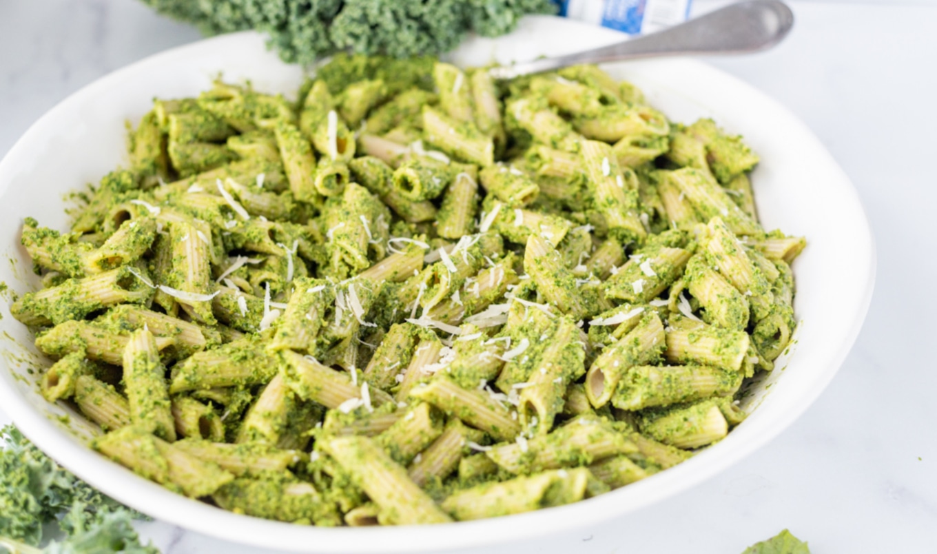 Two-Step Oil-Free Vegan Kale Pesto Pasta
