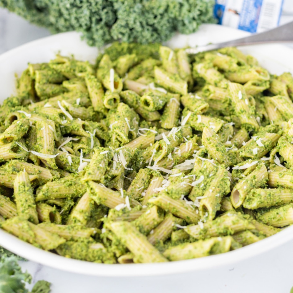 Two-Step Oil-Free Vegan Kale Pesto Pasta