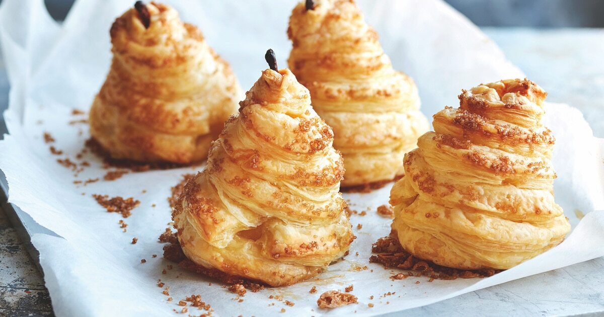 Puff Pastry-Wrapped Vanilla Poached Pears With Olive Oil Chocolate Sauce