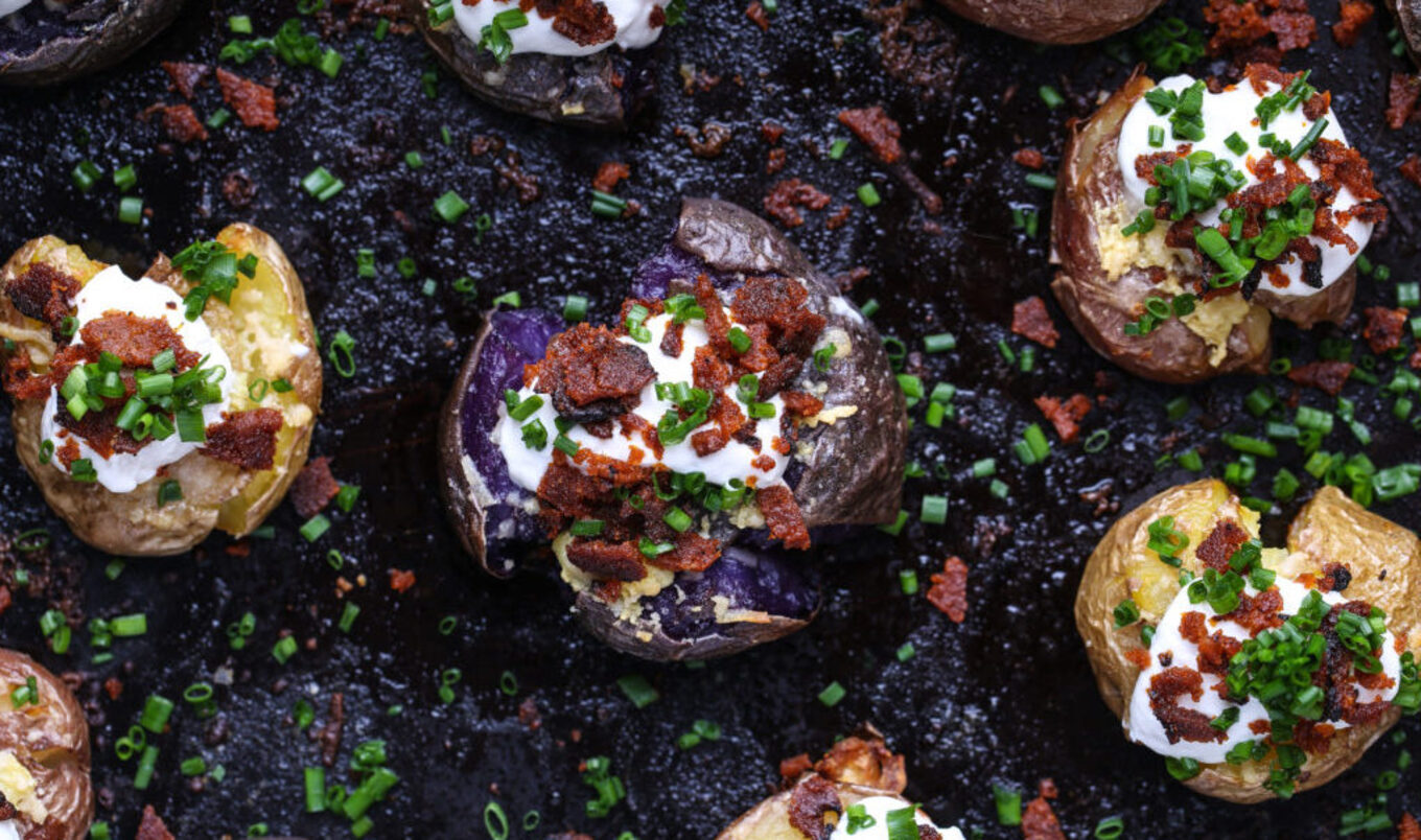 Smashed Vegan Bacon Parmesan Potatoes