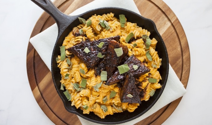 Vegan Pumpkin Sage Pasta with Blackened Tempeh