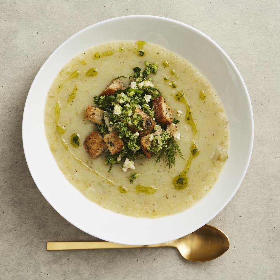 Vegan Potato Leek Soup With Broccoli Gremolata