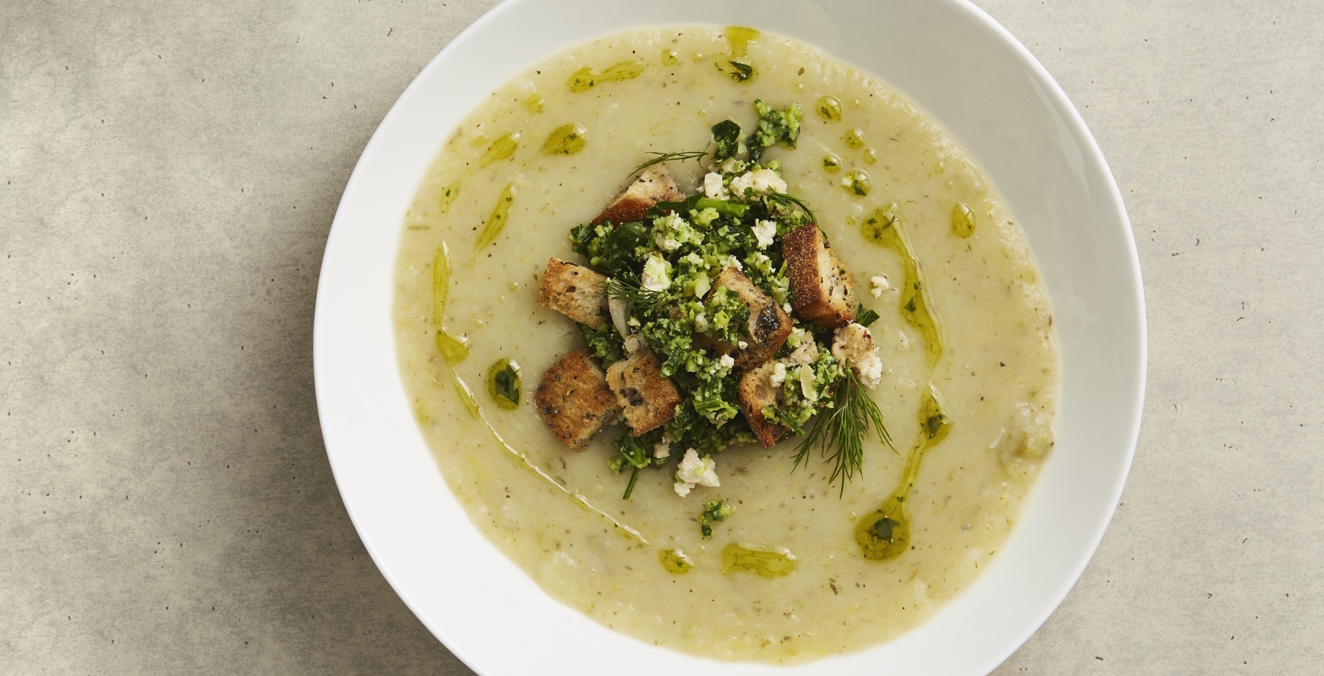 Plant-Based Potato Leek Soup With Broccoli Gremolata