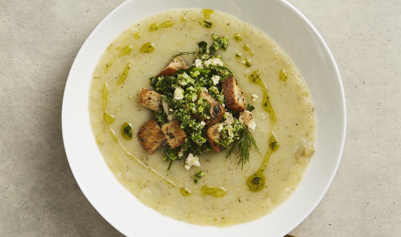 Plant-Based Potato Leek Soup With Broccoli Gremolata