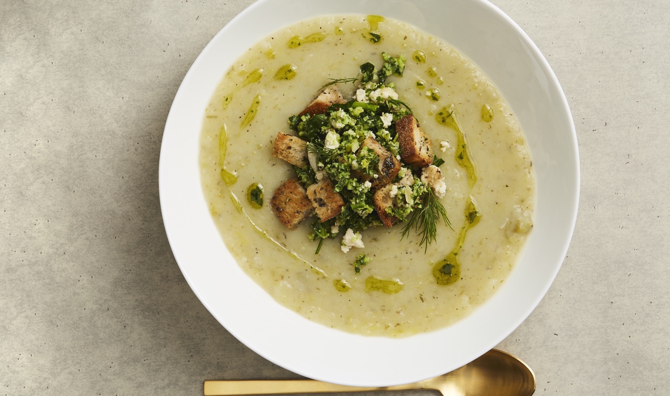 Vegan Potato Leek Soup With Broccoli Gremolata