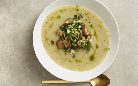 Vegan Potato Leek Soup with Broccoli Gremolata