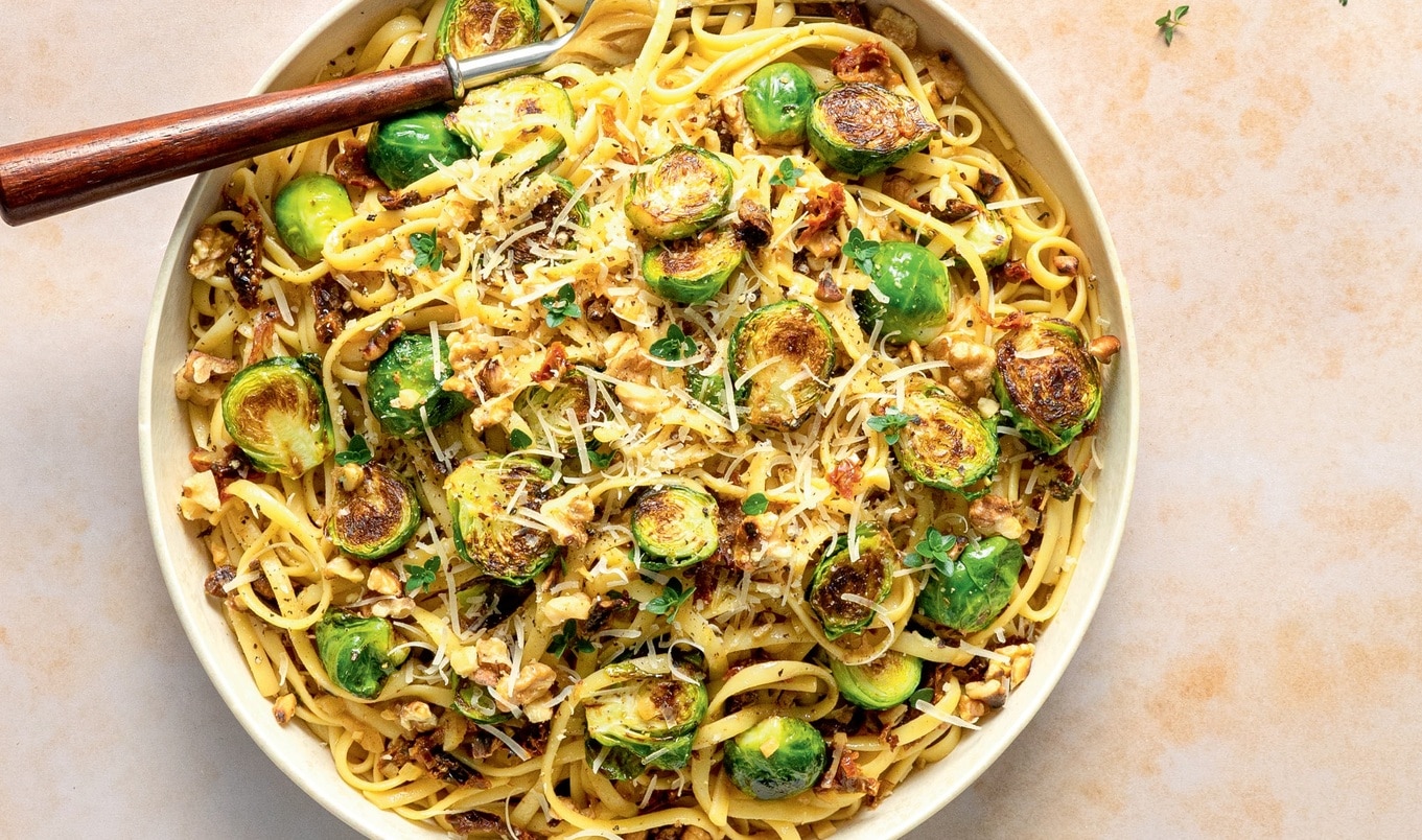 Easy Vegan Brussels Sprout Linguine in White Wine Sauce