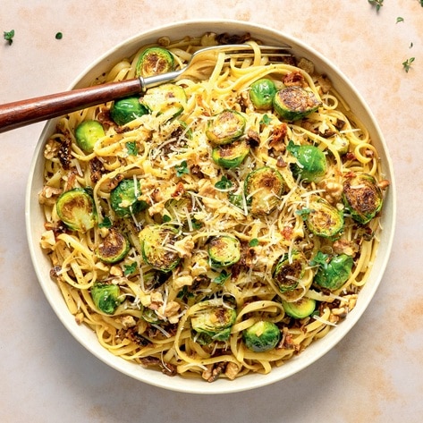 Easy Vegan Brussels Sprout Linguine in White Wine Sauce