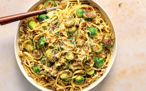 Easy Vegan Brussels Sprout Linguine In White Wine Sauce