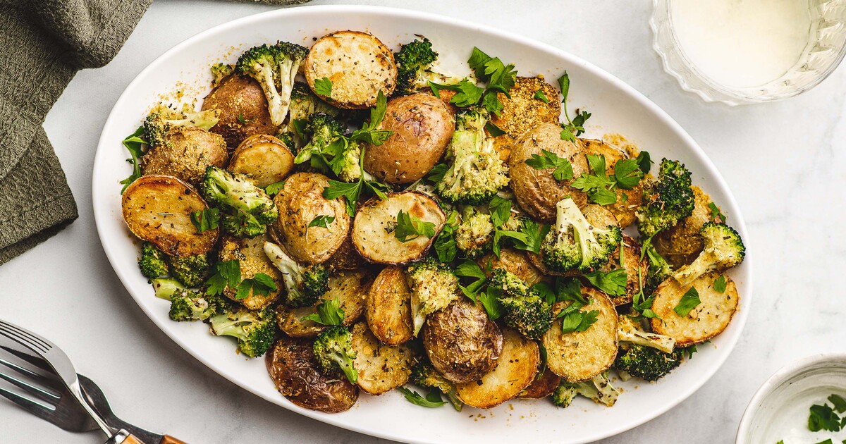 Easy Vegan Cheesy Garlic Potatoes and Broccoli | VegNews