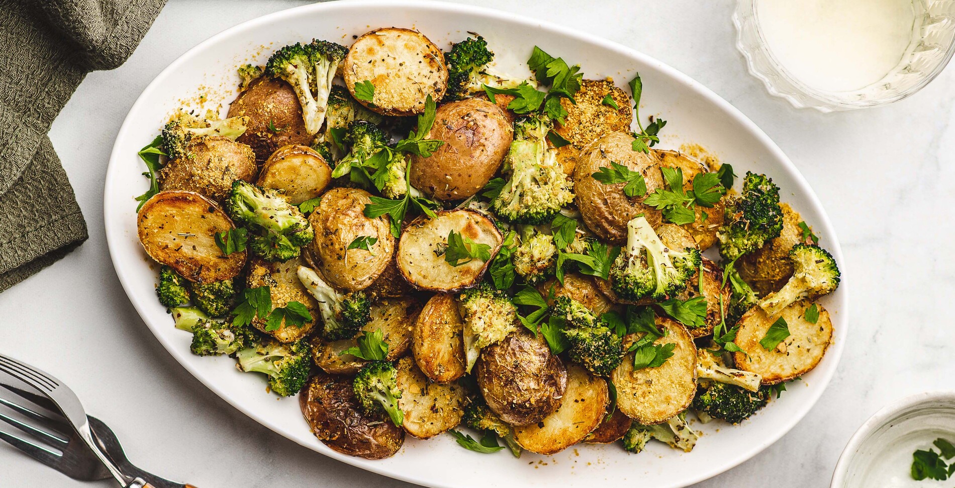 Easy Vegan Cheesy Garlic Potatoes and Broccoli
