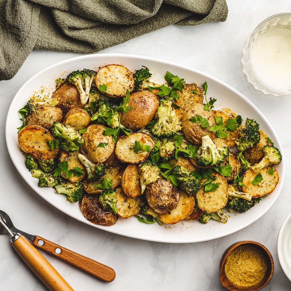 Easy Vegan Cheesy Garlic Potatoes and Broccoli