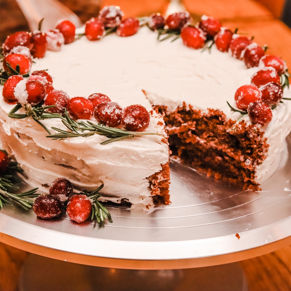 Vegan Red Velvet Cake With Candied Cranberries and Vanilla Buttercream