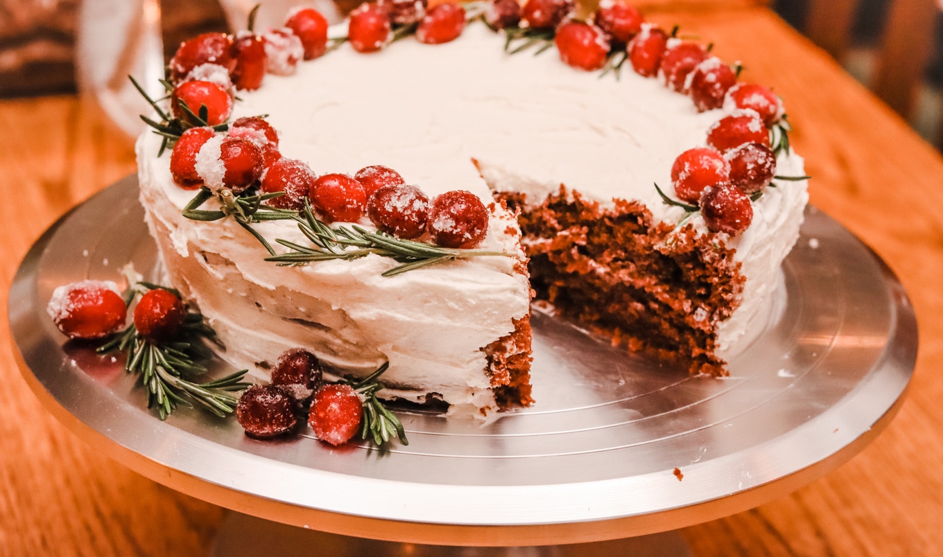 Vegan Red Velvet Cake With Candied Cranberries and Vanilla Buttercream