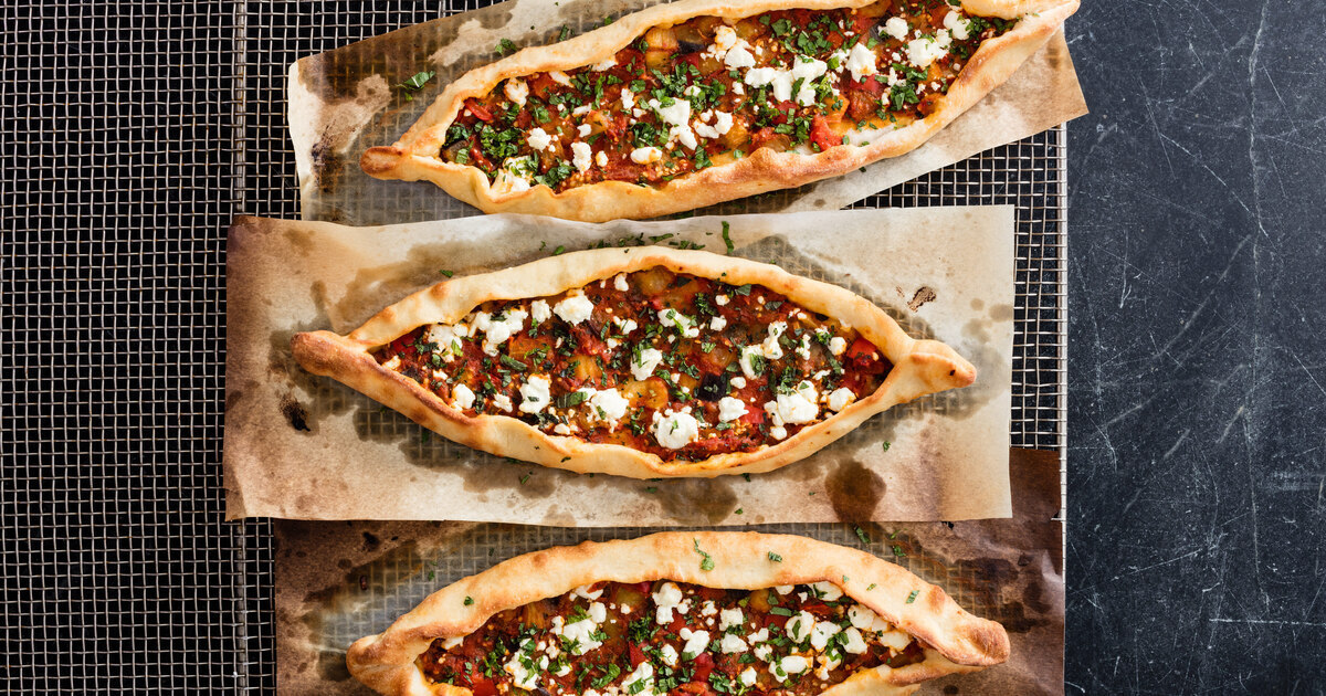 Turkish Flatbread With Eggplant, Peppers, and Vegan Feta | VegNews