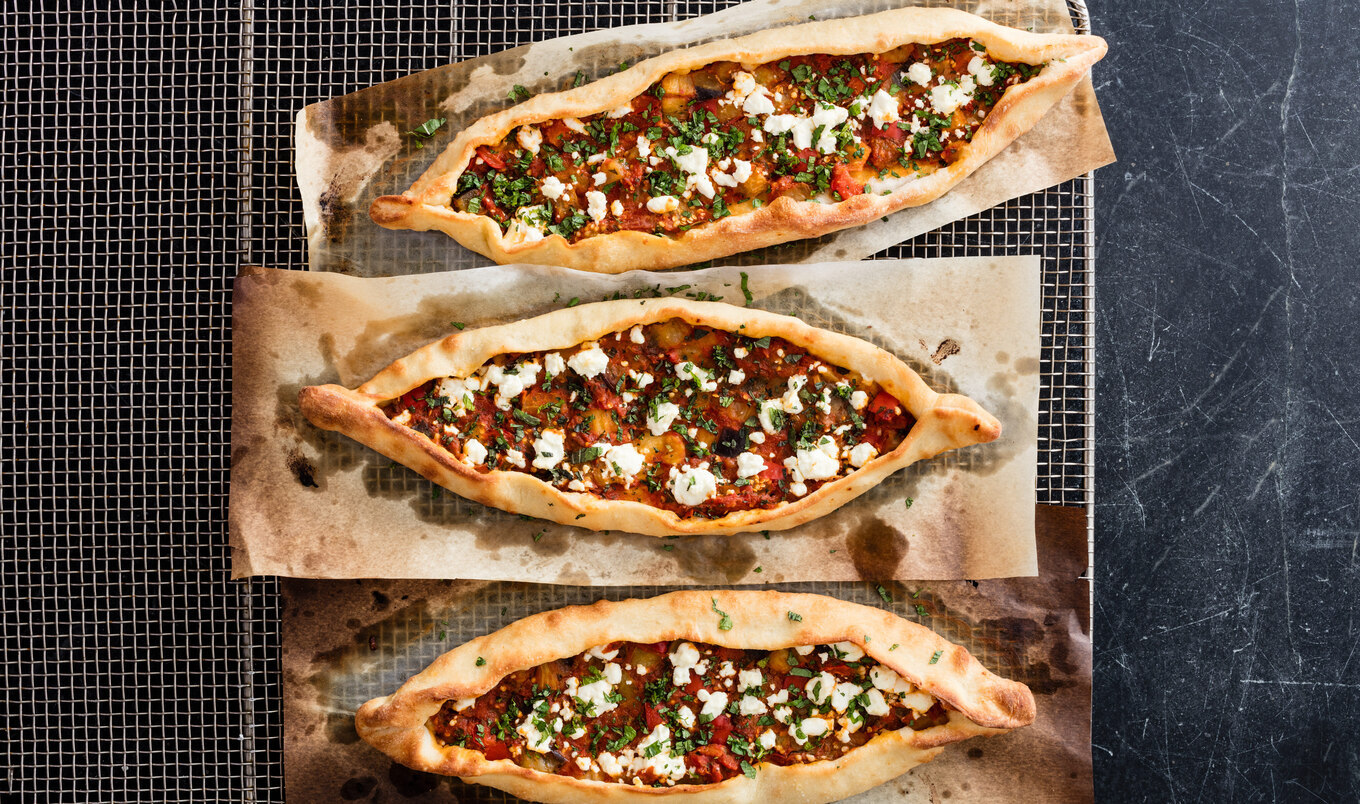 Turkish Flatbread With Eggplant, Peppers, and Vegan Feta