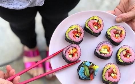 Healthy Vegan Pink Rice Sushi Roll with Creamy Ginger-Tamari Sauce