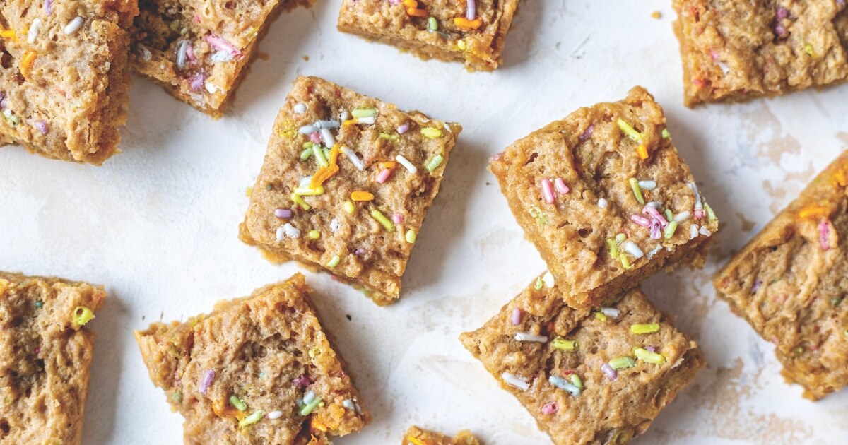 Plant-Based Vanilla Birthday Cake Bars | VegNews