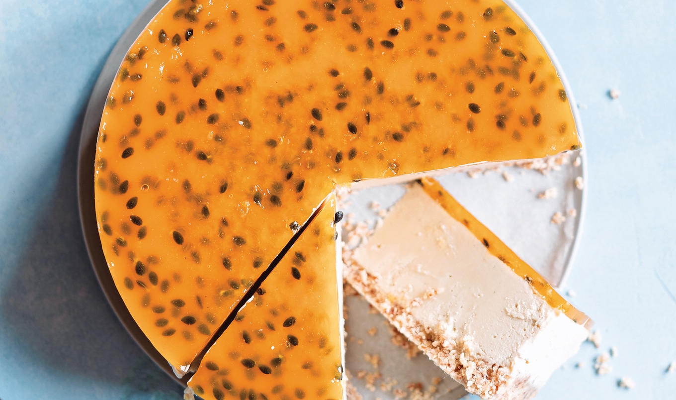 Vegan White Chocolate and Passionfruit Jelly Cheesecake