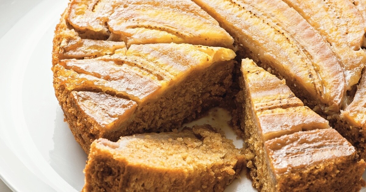 Miso Caramel Upside-Down Banana Cake | VegNews