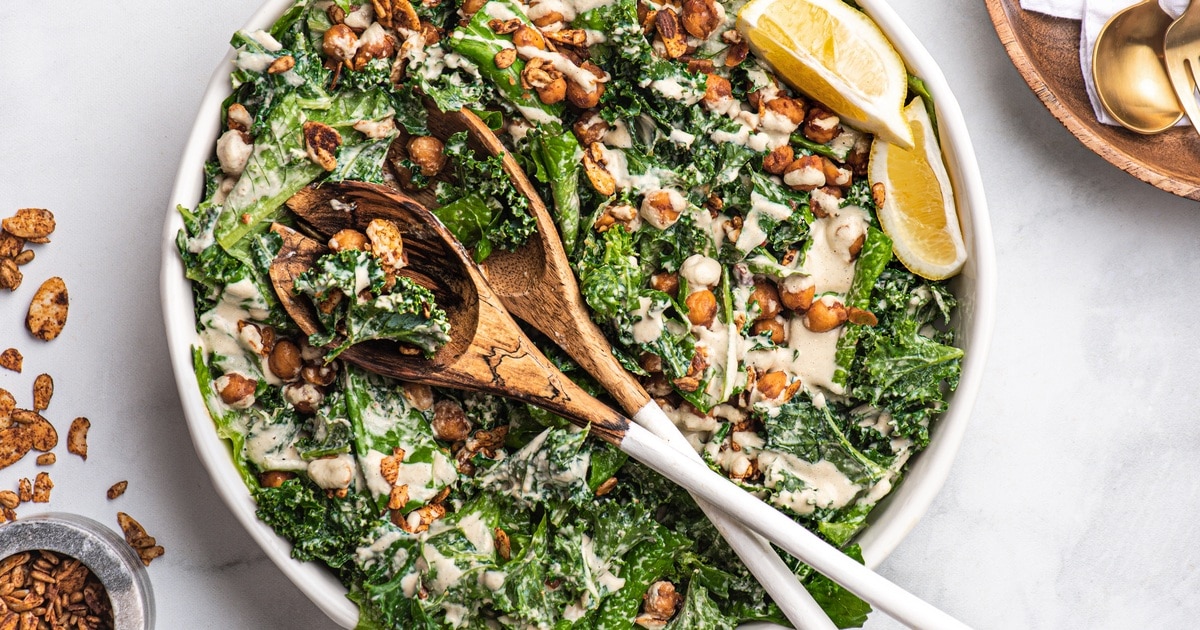 Vegan Tahini Caesar Salad With Smoked Chickpeas