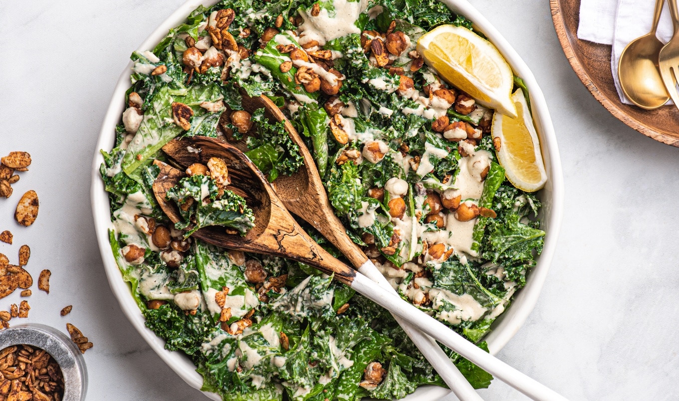 Vegan Tahini Caesar Salad With Smoked Chickpeas