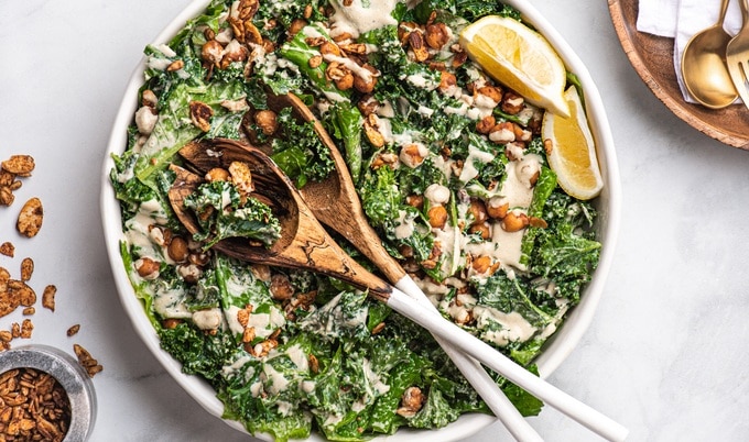 Vegan Tahini Caesar Salad with Smoked Chickpeas