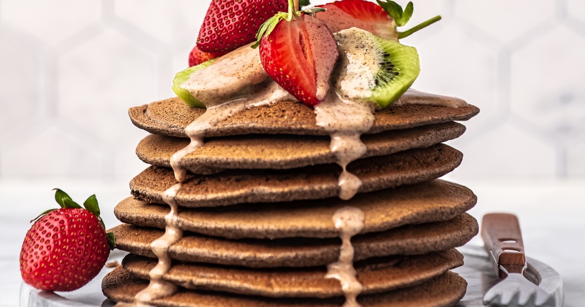 Vegan Buttermilk Buckwheat Pancakes With Almond Butter Caramel VegNews