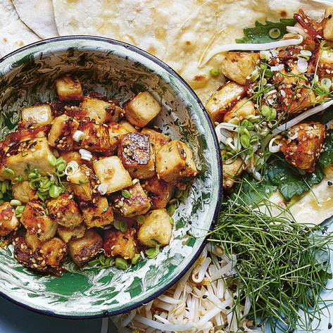 Vegan Sticky Sesame-Orange Tofu With Savory Pancakes