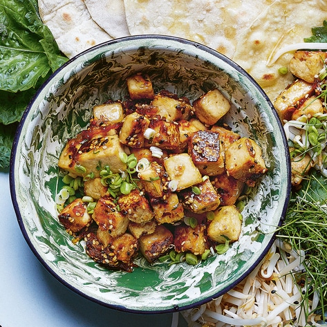 Vegan Sticky Sesame-Orange Tofu with Savory Pancakes