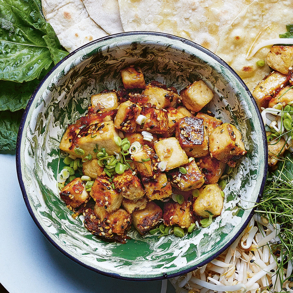 Vegan Sticky Sesame-Orange Tofu With Savory Pancakes