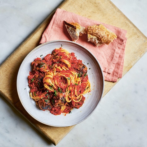 Six-Ingredient Vegan Eggplant Meatballs in Homemade Marinara