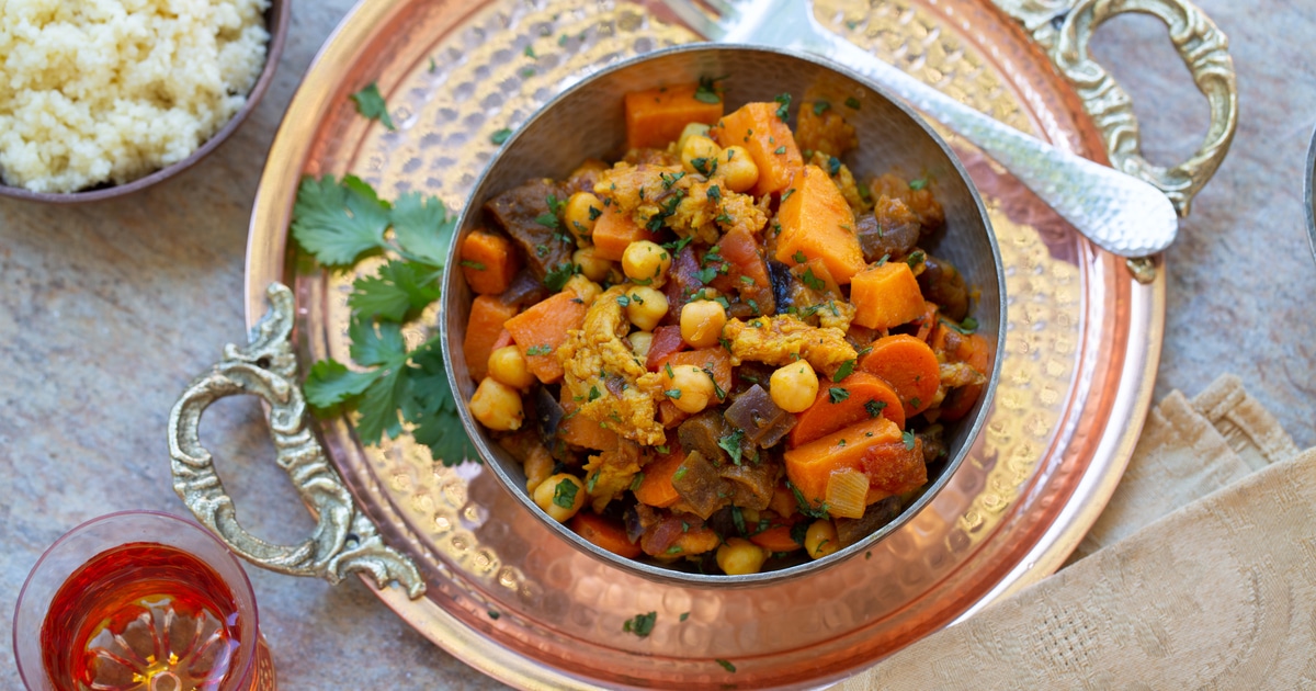 Moroccan-Inspired Vegan Chicken and Sweet Potato Stew | VegNews