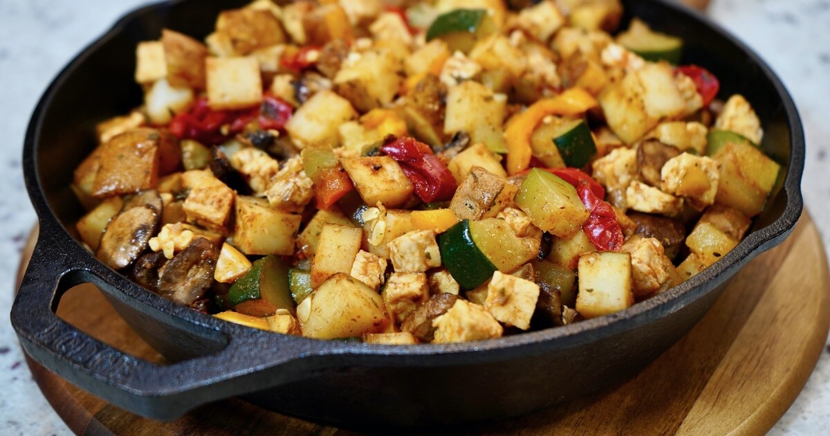 Smoky Vegan Tempeh, Mushroom, and Roasted Potato Breakfast Skillet | VegNews