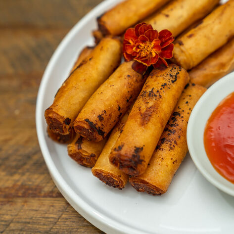 Vegan Fried Carrot-Jicama Lumpia With Garlic Soy Dipping Sauce