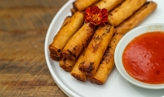 Vegan Fried Carrot-Jicama Lumpia with Garlic Soy Dipping Sauce
