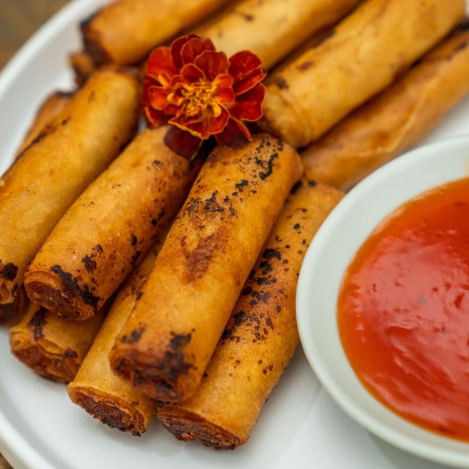 Vegan Carrot-Jicama Lumpia With Garlic Soy Dipping Sauce