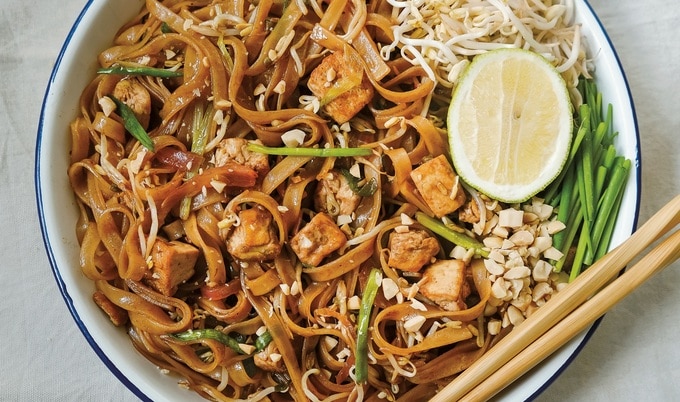 Saucy Vegan Pad Thai with Crisp Pan-Fried Tofu