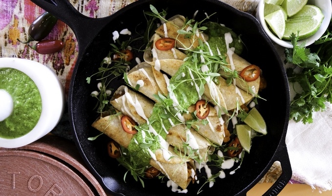 Seared Sweet Potato Flautas with Avocado Salsa Verde