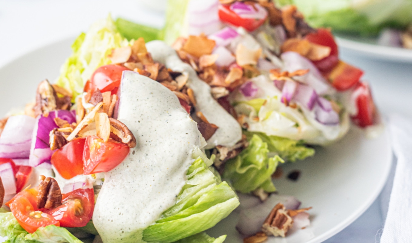 Vegan Wedge Salad with Smoky Coconut Bacon and Hemp Seed Ranch Dressing