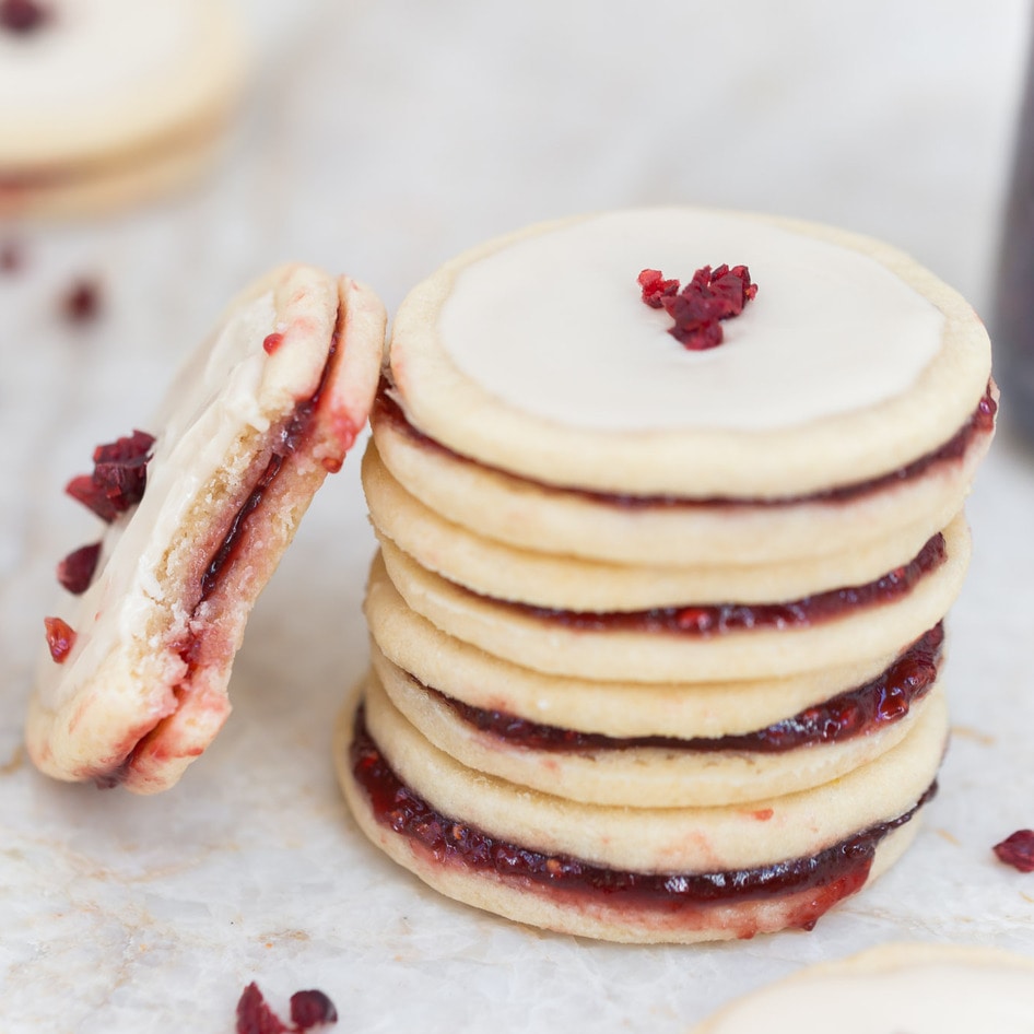 Vegan Shortbread Raspberry Jam Sandwich Cookies With Vanilla Icing